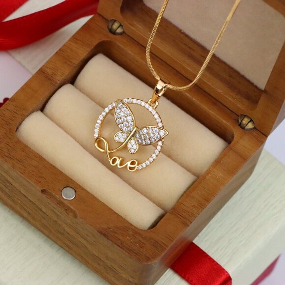 "Rose Gold Butterfly Pendant with Crystals and 'Love' Design, XPPT1478 - Picture 6 of 13